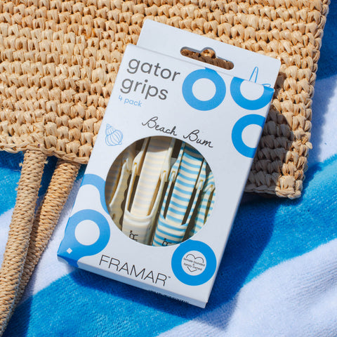 Pinces Gator Grips Beach Bum de Framar, ensemble professionnel pour fixation de cheveux, avec poignée antidérapante.