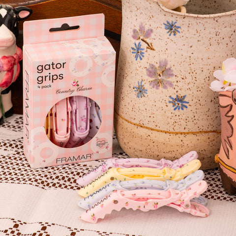 Ensemble de pinces Gator Grips Framar, style country charm, avec poignées en plastique noir et finition métallique.