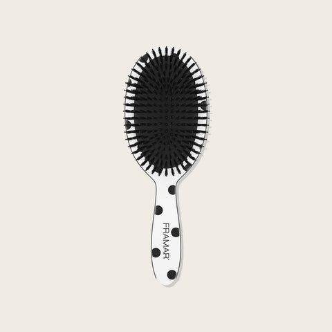 Brosse de polissage Framar pro_space à pois noirs et blancs, poils doux pour coiffure professionnelle.