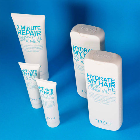 Revitalisant pour cheveux Hydrate My Hair de Eleven Australia, texture crémeuse et cheveux brillants et hydratés.