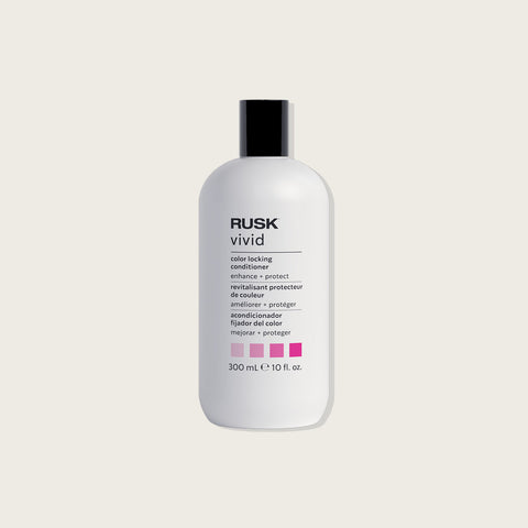 Revitalisant protecteur de couleur Rusk Vivid pour cheveux, flacon de 300 ml, avec étiquette bleue et design professionnel.