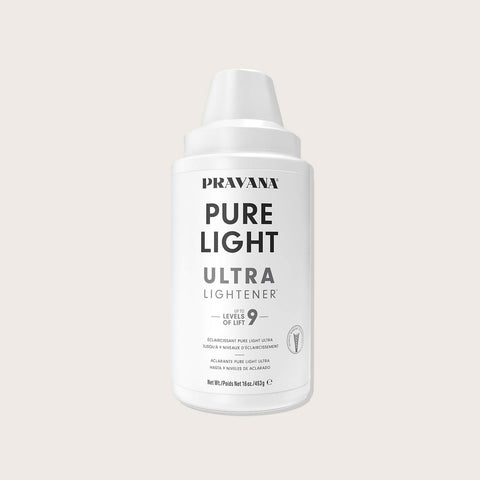 Décolorant professionnel Pure Light Ultra de Pravana, boîte de 453 g, visible avec son emballage blanc et logo Pravana.
