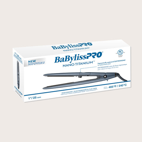 Fer plat Babylisspro Nano-titane True Tension, outil de coiffure professionnel avec plaques lisses et technologie électromagnétique.