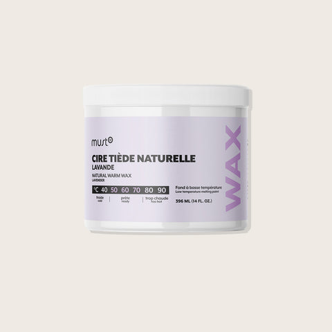 Cire tiède naturelle à la lavande Must52 pour l'épilation, en pot, avec texture douce et parfum apaisant.