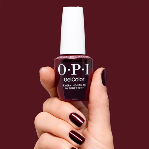 Verre à ongles OPI GELCOLOR "Every Month is Oktoberfest" avec finition brillante, couleur marron foncé pour beauté des ongles.