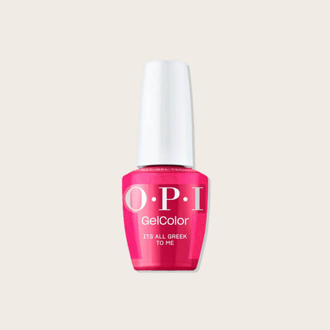 Verre de main avec ongles peints en gel OPI GELCOLOR It’s All Greek to Me, finition brillante et élégante.