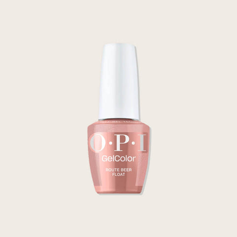 Vernis à ongles GelColor OPI Route Beer Float, teinte beige nude, finition brillante, application élégante sur ongles naturels.
