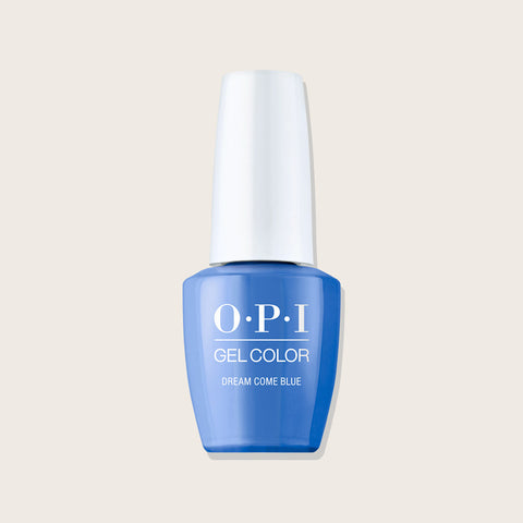 Verre à ongles avec vernis GelColor OPI Dream Come Blue, finition brillante, pour beauté des ongles.