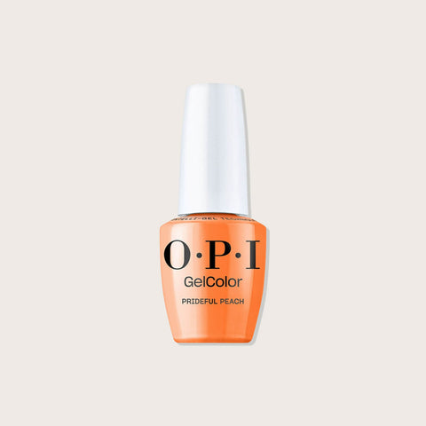 Vernis gel OPI Gelcolor Prideful Peach sur ongles, finition brillante et couleur pêche vibrante.