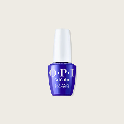 Verre à ongles avec vernis OPI GELCOLOR Catch a Wave of Happiness, finition brillante et couleur turquoise.