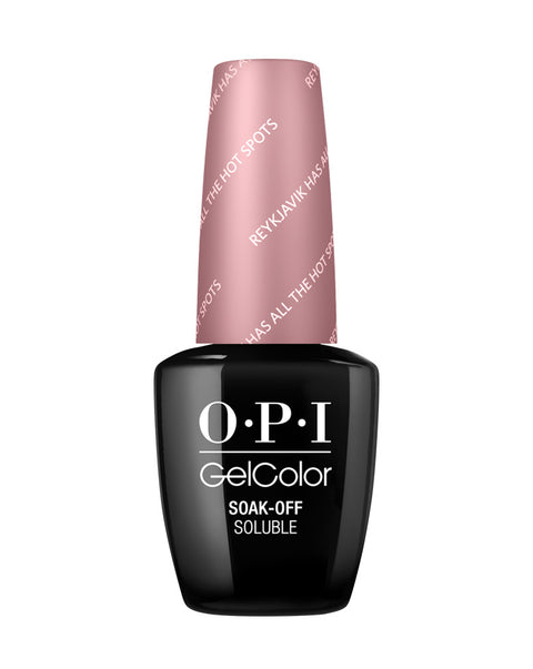 Vernis à ongles GELCOLOR OPI Reykjavik Has All the Hot Spots, couleur rose corail, finition brillante, image de produit.