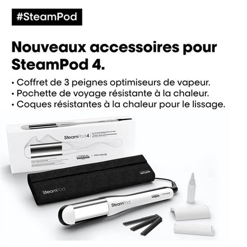 Fer à vapeur L'Oréal Professionnel SteamPod 4, outil de coiffure pour des cheveux lisses et brillants, avec design moderne.