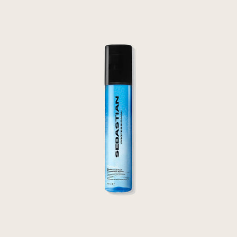 Spray Sebastian Trilliant pour cheveux, brillance et protection thermique, flacon de 150 ml posé sur une surface.