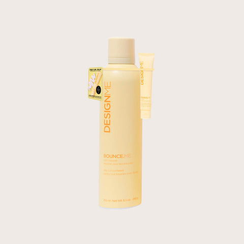 Mousse boucles et baume pour cheveux DESIGN.ME BOUNCE.ME, produits coiffants pour cheveux bouclés, en flacons de 250 ml et 10 ml