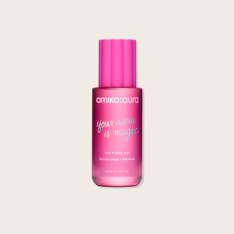 Brume pour cheveux et corps Amika Aura édition limitée 240 ml, vaporisateur avec flacon élégant et design moderne.