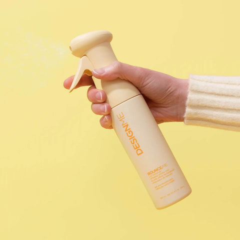 Brume rehausse boucles et baume pour cheveux DESIGN.ME BOUNCE.ME, produits coiffants pour boucles, flacons de 250 ml et 10 ml