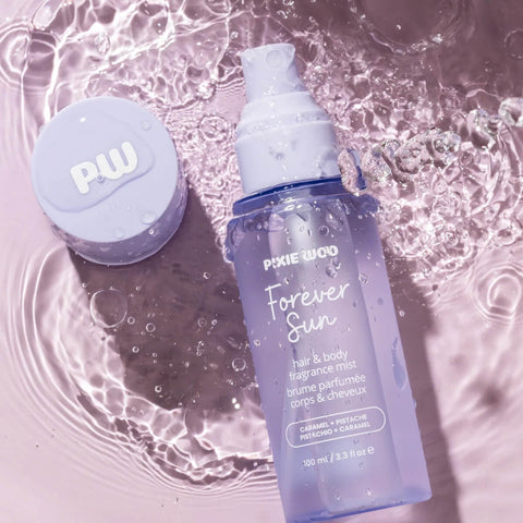 Brume pour cheveux et corps Pixie Woo Forever Sun, spray de 100 ml avec vaporisateur, hydrate et rafraîchit la peau et les cheveux.