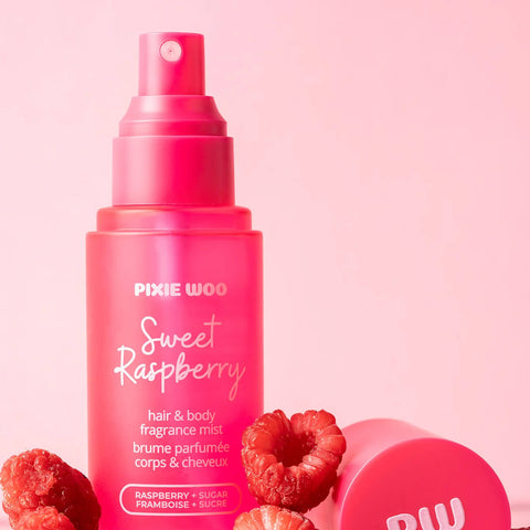 Brume pour cheveux et corps Pixie Woo Sweet Raspberry 100 ml, spray léger et parfumé avec des notes de framboise.