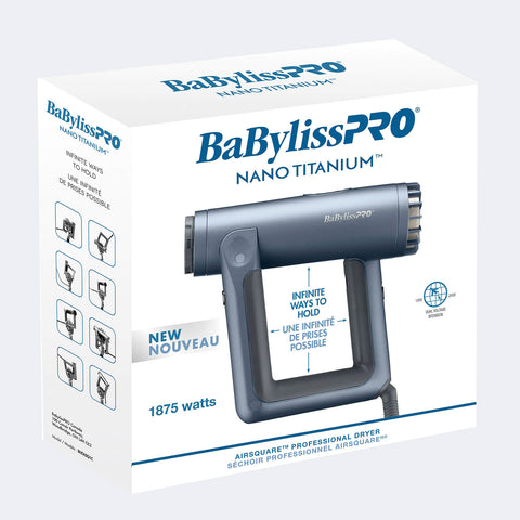 Sèche-cheveux professionnel Babylisspro Airsquare nano-titanium, outil de coiffure avec design carré et technologie avancée.