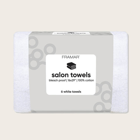 Serviettes de salon blanches Framar, 6 pièces, en tissu doux, parfaites pour les outils de salon et la beauté.