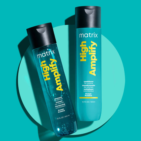 Shampooing volume High Amplify de Matrix pour cheveux, bouteille colorée avec étiquette, aspect lisse et capuchon blanc.