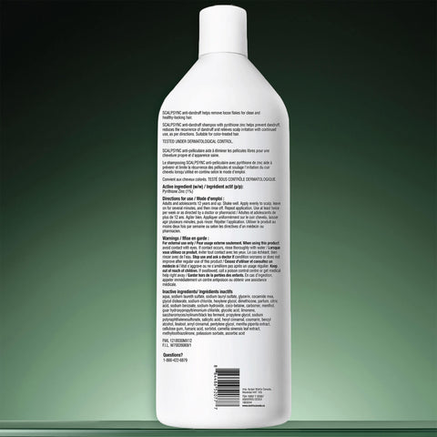 Shampooing anti-pelliculaire Biolage Scalp Sync en litre, cheveux, flacon avec étiquette et pompe, pour un cuir chevelu sain.