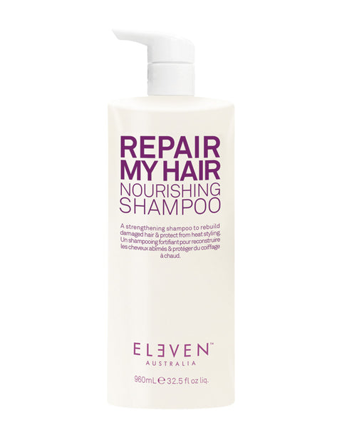 Shampoing réparateur nourrissant pour cheveux Eleven Australia, bouteille de 960 ml, avec étiquette verte et design moderne