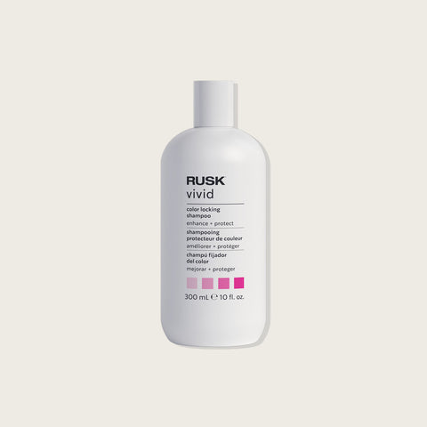 Shampooing protecteur de couleur Vivid de Rusk pour cheveux, bouteille de 300 ml, idée de soin capillaire coloré.