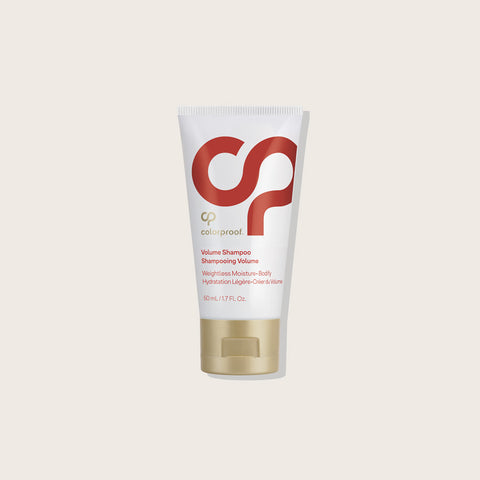 Shampooing Volume Colorproof pour cheveux, flacon de 50 ml, avec étiquette blanche et design épuré.