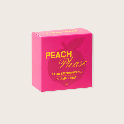 Shampooing en barre Peach Please de Pixie Woo pour cheveux, barre de 65 g avec texture douce et parfum pêche.