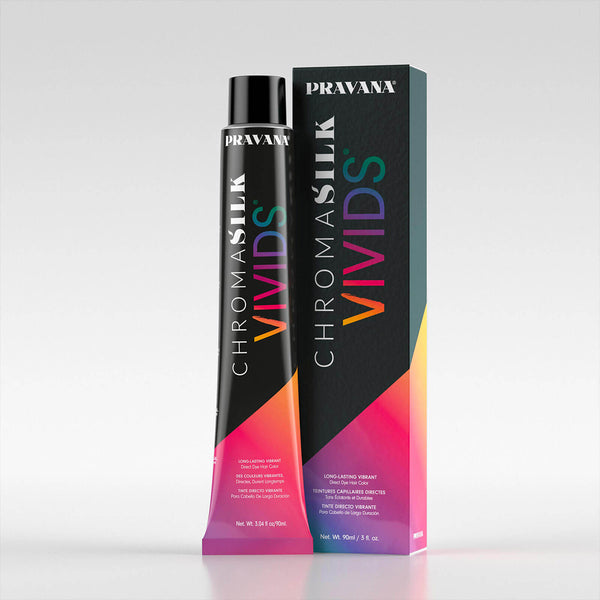 Coloration professionnelle Pravana Vivids dans un espace de coiffure, présentant une teinte vive et intense.