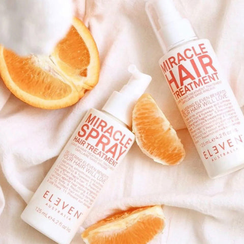 Soin capillaire Miracle Hair d'Eleven Australia en flacon de 125 ml, visible avec sa pompe et son packaging blanc.