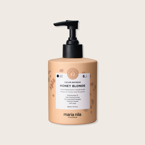 Masque capillaire Maria Nila Colour Refresh Honey Blonde 8.3 pour cheveux blonds, texture riche et brillance.