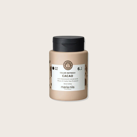 Masque capillaire Maria Nila Colour Refresh Cacao 6.5, soin pour cheveux, texture crémeuse dans un flacon de 100 ml.