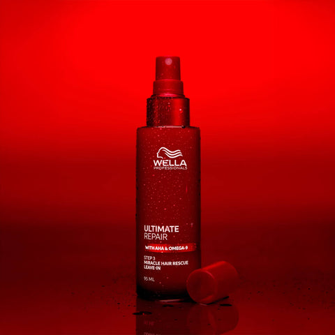 Soin capillaire sans rinçage Wella Professionals Ultimate Repair pour cheveux abîmés, flacon de 95 ml, texture légère.