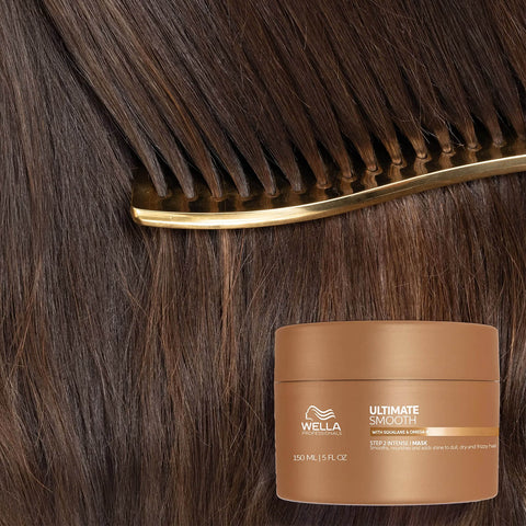 Masque capillaire Wella Professionals Ultimate Smooth, soin pour cheveux lissants, 150 ml, texture crémeuse et hydratante.