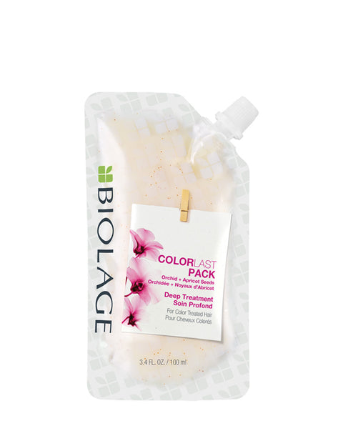 Masque capillaire Color Last de Biolage en sachet de 100 ml, texture crémeuse pour soin des cheveux colorés.