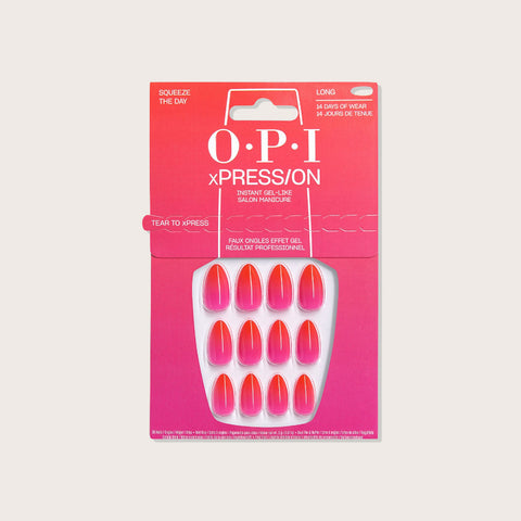 Vernis à ongles OPI XPRESS/ON Squeeze the Day, couleur courte, flacon avec étiquette, produit de beauté pour les ongles.