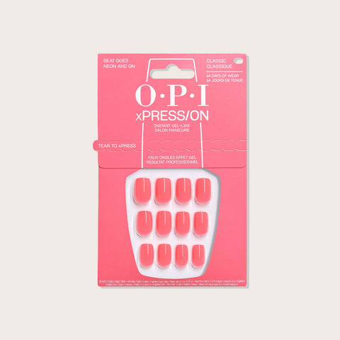 Verre à ongles OPI XPRESS/ON Beat Goes Neon et On, taille classique, finition colorée pour beauté des ongles.