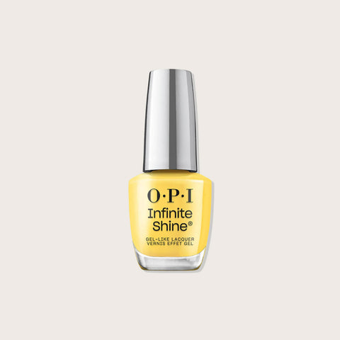 Verre à ongles OPI Infinite Keep Up Buttercup, vernis à ongles beauté, couleur jaune pastel, texture lisse et brillante.