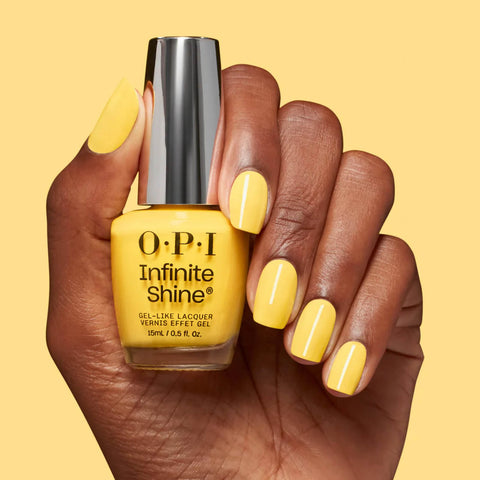 Vernis à ongles OPI Infinite Keep Up Buttercup, finition brillante, dans un flacon élégant, idéal pour la beauté des ongles.