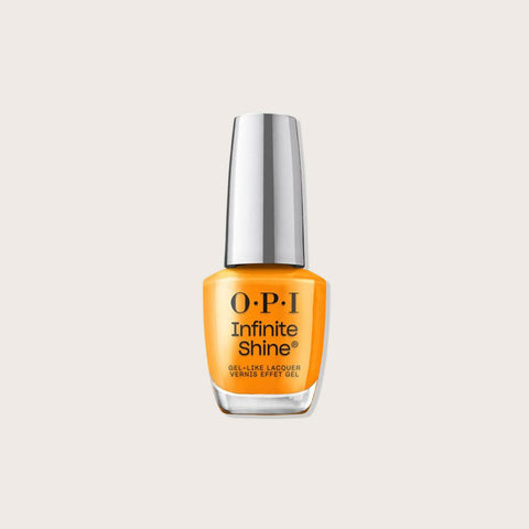 Vernis à ongles OPI Infinite Vogue Into the Sunset, finition brillante, couleur orange corail, bouteille visible.