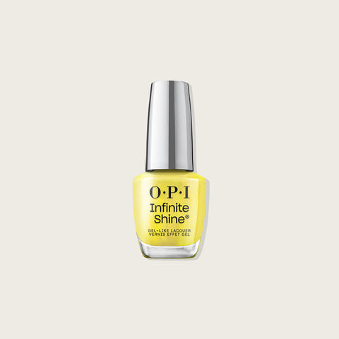 Vernis à ongles OPI Infinite Shine Limon-yello, teinte jaune vif, en bouteille avec le pinceau visible.