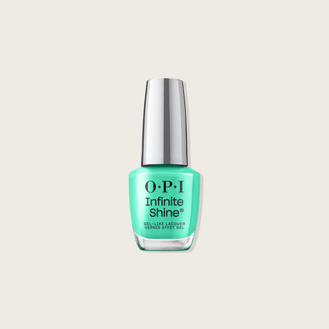 Verre de vernis à ongles OPI Infinite Shine Follow the Ice Green Truck, couleur vert pastel, finition brillante.