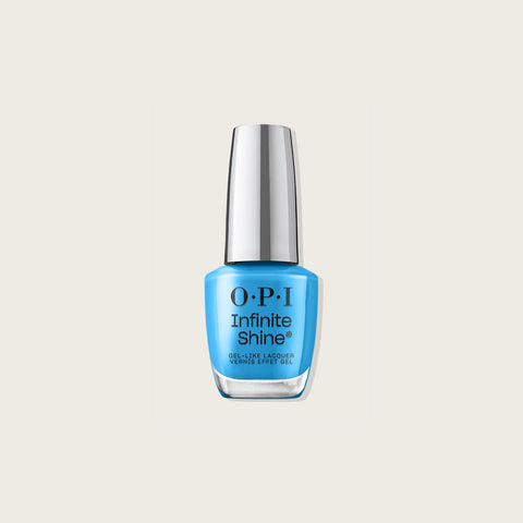 Vernis à ongles OPI Infinite Shine No Summer Blues, teinte bleue, appliqué sur des ongles bien entretenus, vue rapprochée.