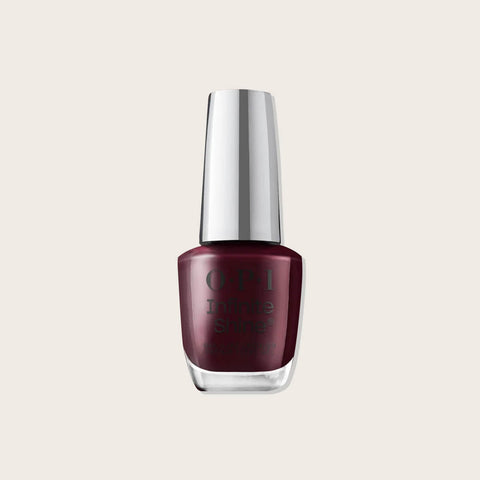 Verre à ongles OPI Infinite Shine Mrs. O’ Leary’s BBQ, finition brillante, couleur rouge foncé, produit de beauté pour les ongles.