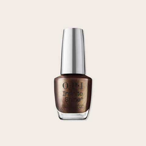 Vernis à ongles OPI Infinite Shine Espresso Your Style, couleur marron foncé, dans un flacon avec pinceau ouvert.