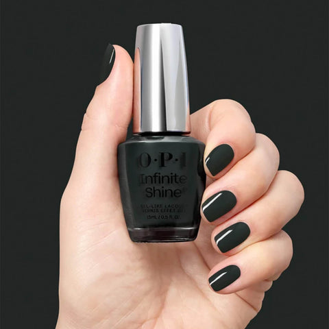 Verre de vernis à ongles OPI INFINITE SHINE Nein! Nein! Nein! OK Fine! dans un flacon violet avec étiquette.