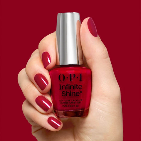 Verre à ongles OPI Infinite Shine Deer Valley Spice, couleur rouge chaud, finition brillante, dans un style élégant.