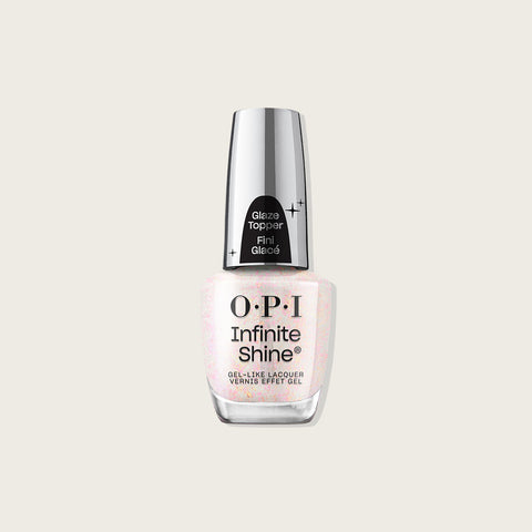 Vernis à ongles OPI Infinite Shine Glint Condition, flacon avec capuchon argenté et étiquette, pour soin et brillance des ongles.